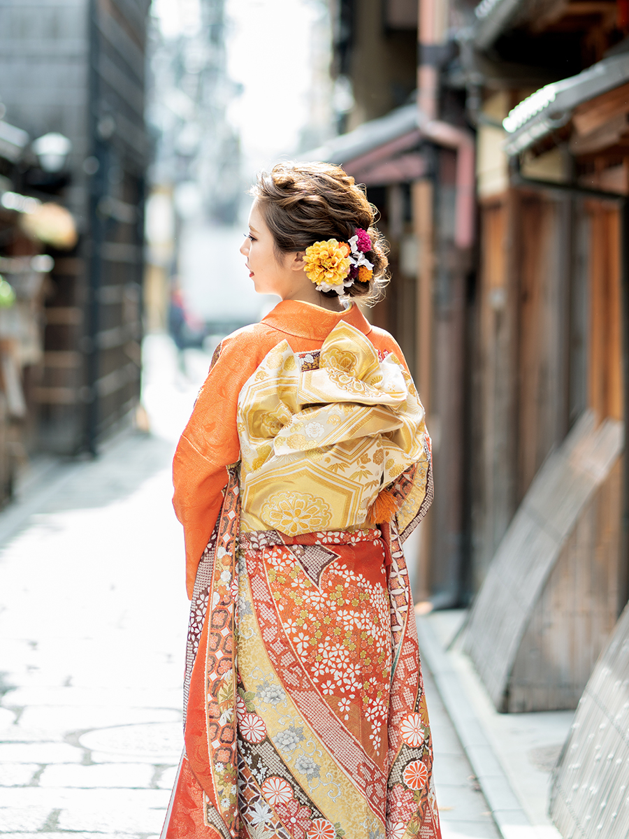 絞り染めの高級振袖レンタル】関芳謹製・熨斗の柄・Lサイズ 朱・品番SK