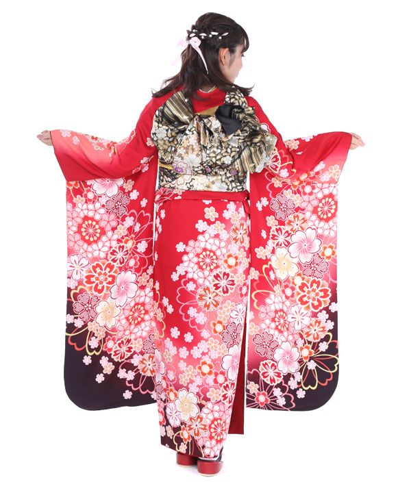 振袖レンタル｜赤桜鹿の子｜F0081｜L｜宅配着物レンタル・一式フル