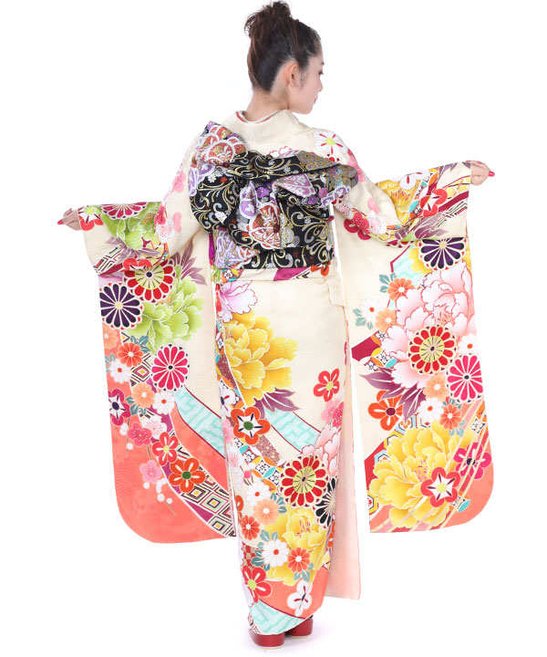 振袖レンタル｜生成色に牡丹丸菊｜F0096｜M｜宅配着物レンタル・一式