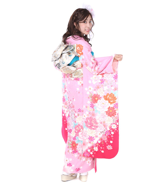 振袖レンタル｜ピンクに牡丹薔薇蝶｜F0228｜M｜宅配着物レンタル・一式