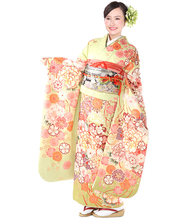 振袖レンタル｜薄黄緑に檜扇桜｜F0405｜L｜宅配着物レンタル・一式フル