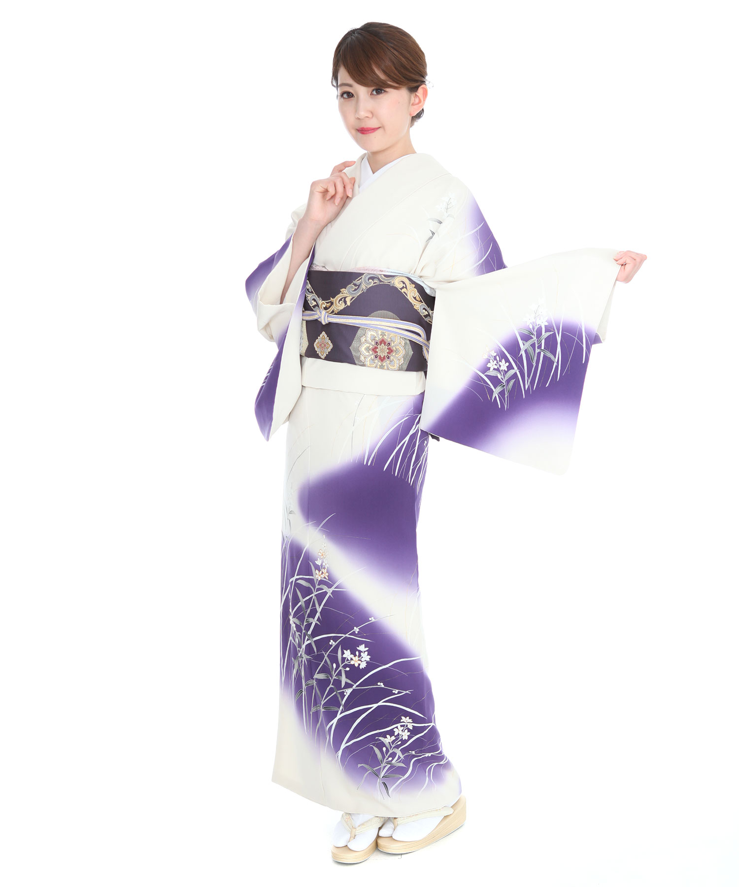 訪問着レンタル｜白地に本紫ぼかし秋草｜H0112｜M｜宅配着物レンタル