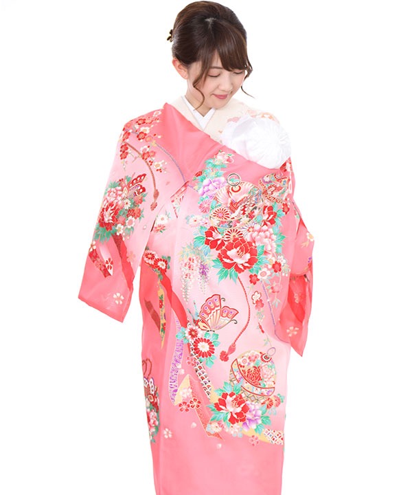 夏用・7・8月向け】お宮参り産着レンタル 女の子｜ピンク地に鈴と蝶