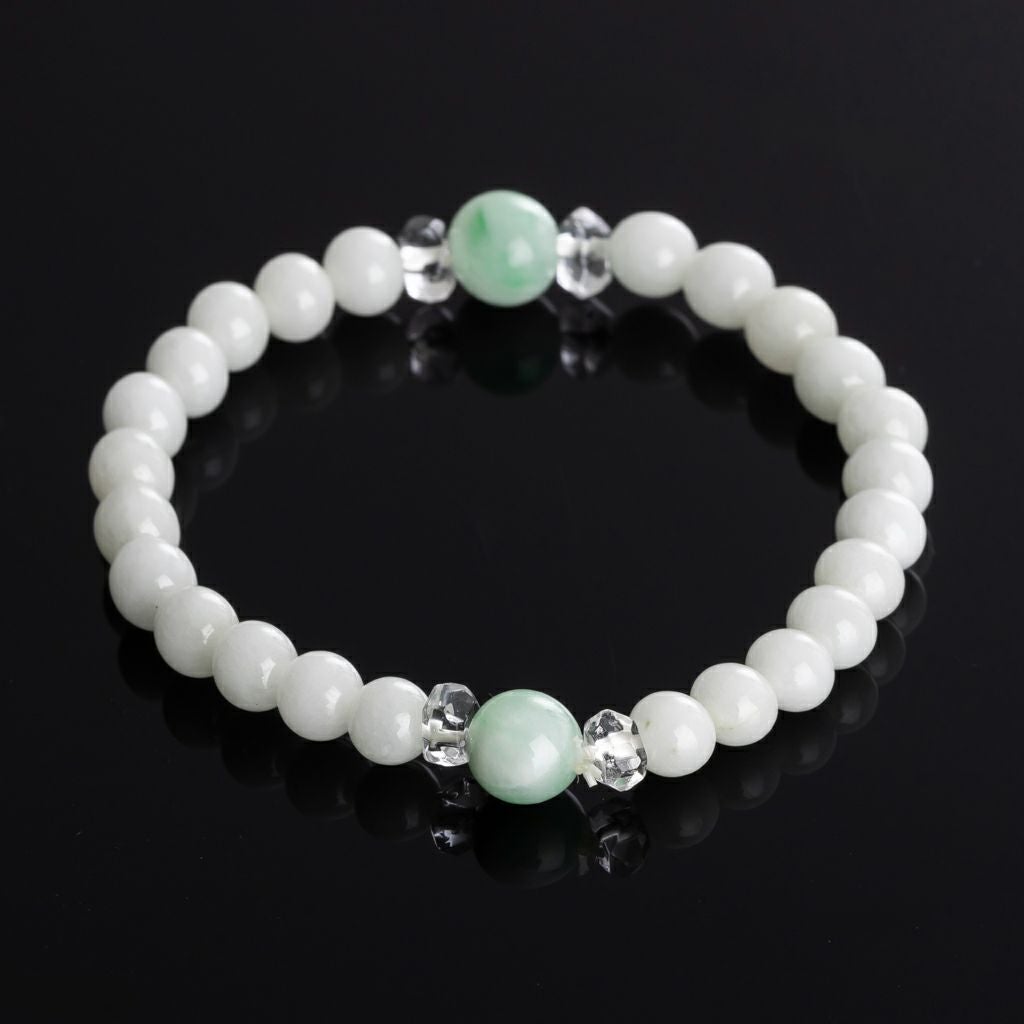 14cmサイズ・8mm玉と6mm玉＆水晶・透明感良し・艶美麗】（高品質淡緑色