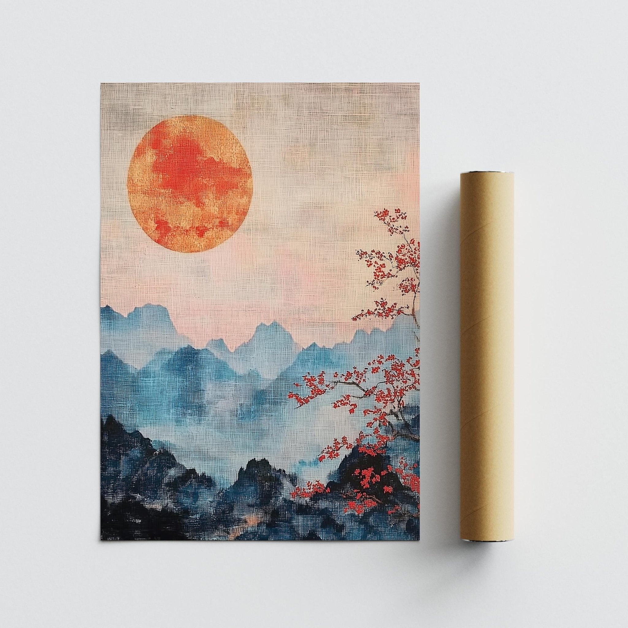 Japanese Mountain Art | Red Sun Over Blue Peaks Print