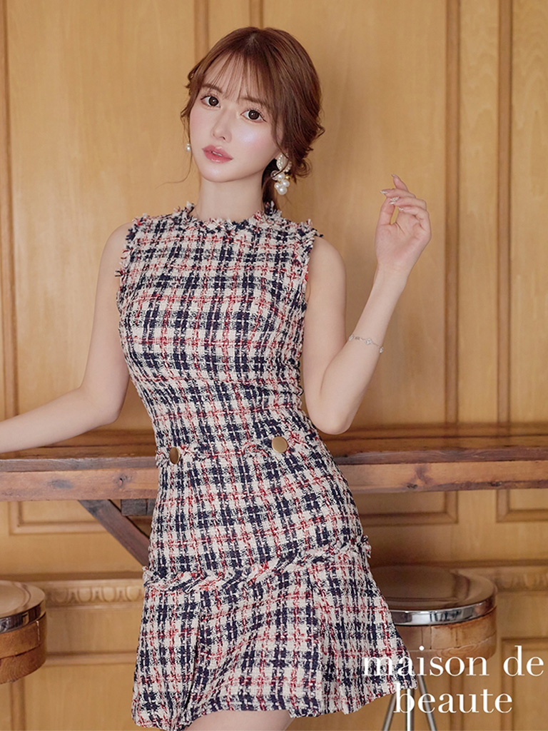 Andy/アンディ】ハイネック チェック柄 ツイード ノースリーブ