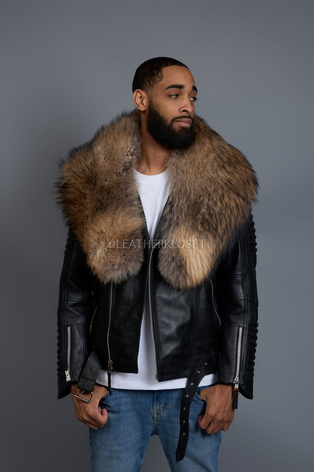 Men's Trey Biker Black Leather Full Fox Fur Collar [Raccoon Fur
