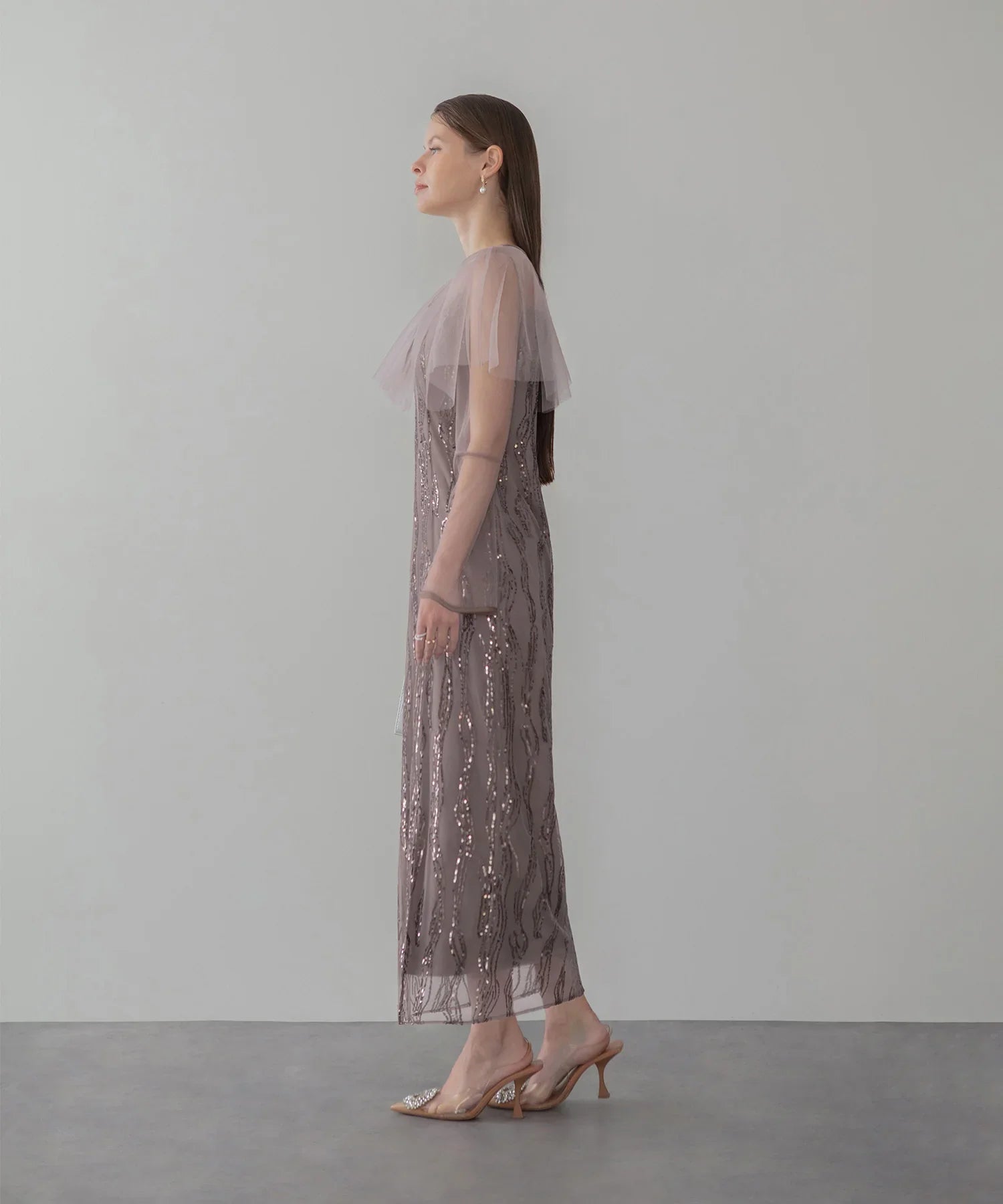 当日発送】シアーケープスパンコールIラインワンピースドレス