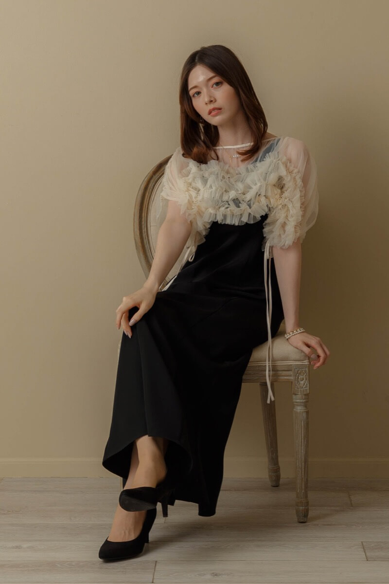 ベージュブラックのチュールトップスセットドレス | ANDRESD | S