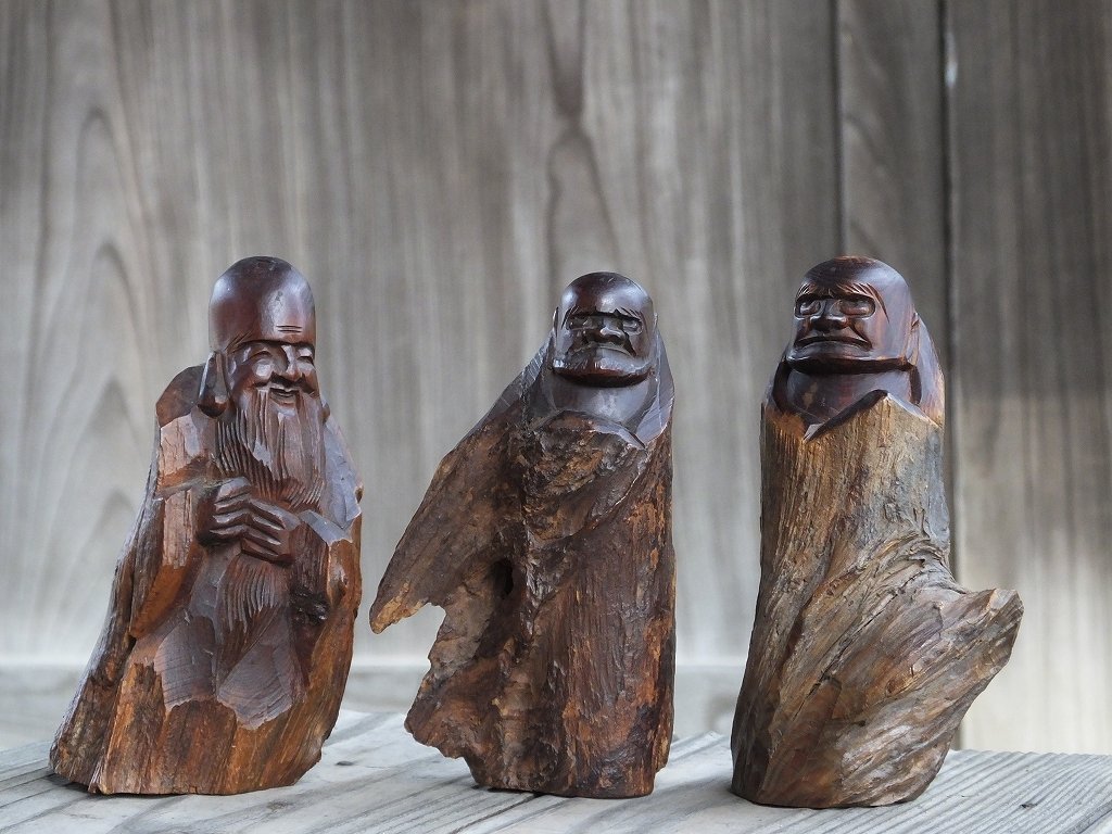 木彫りの達磨大師＆福禄寿：（四国金毘羅宮みやげ） : 温泉人(おふろ