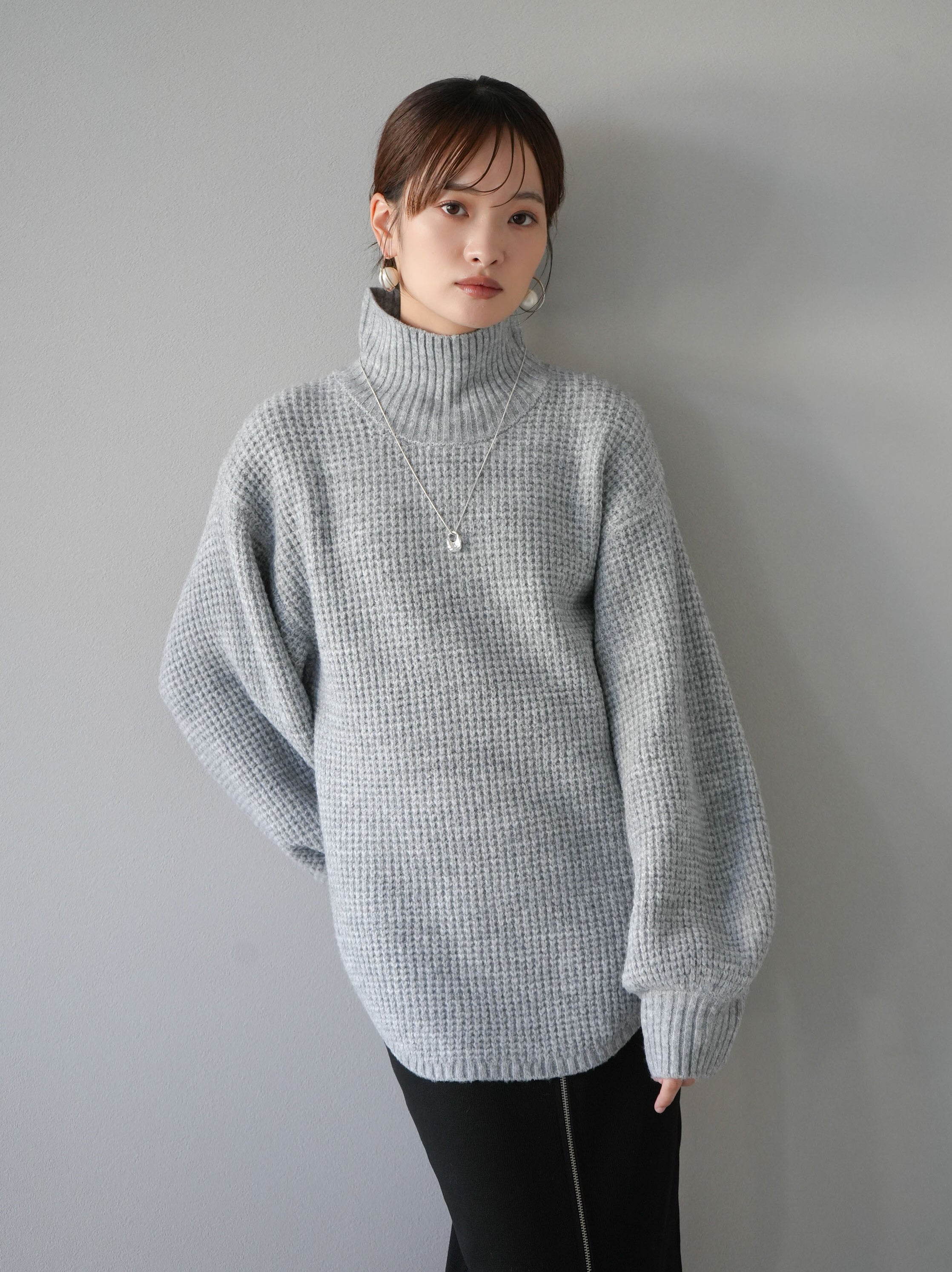 SET]ワッフル編みハイネックニットプルオーバー+フロントジップニット