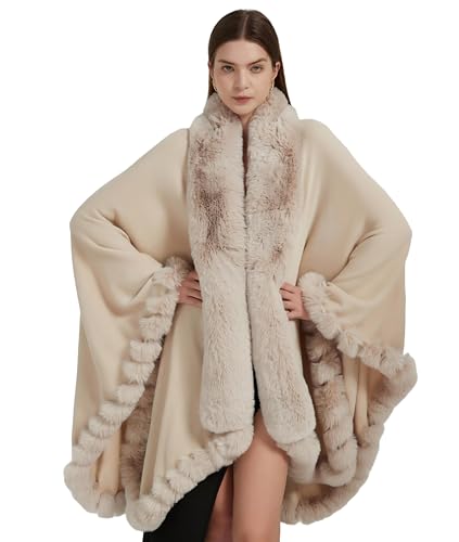 Tngan Faux Fox Fur Trim Cardigan Cloak Shawl Wraps Winter Poncho