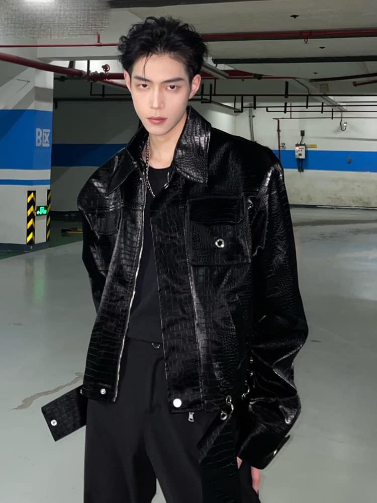 Aoleaky Short Black Faux Leather Jacket for Spring,Shiny Crocodile