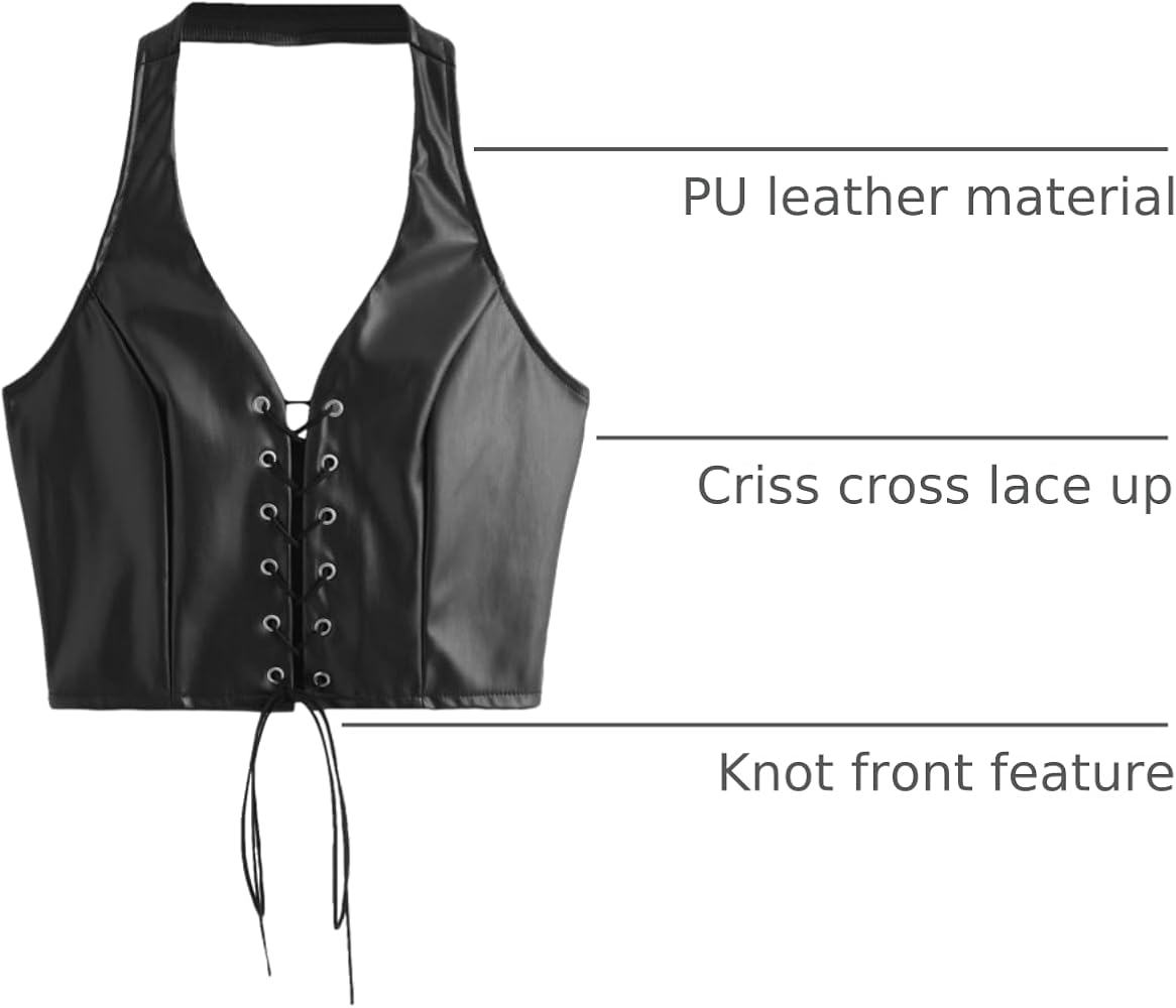 SweatyRocks Women's Faux Leather Crop Tank Top Lace Up Tie Front
