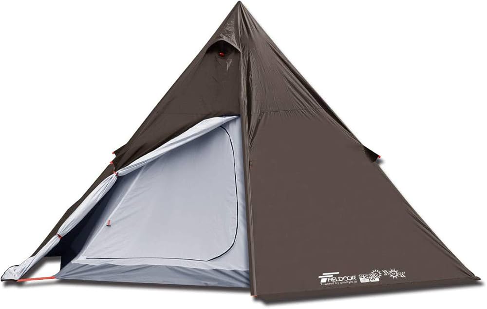 Amazon | FIELDOOR ワンポールテント 4人用 【ダークブラウン】 ロープ