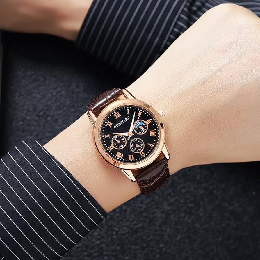 Amazon.co.jp: 腕時計 メンズ クオーツ 革バンド ブラウン 黒文字盤