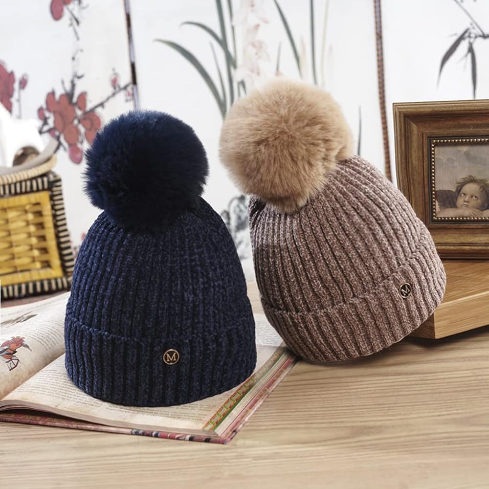 Amazon.co.jp: RuiKonM ニット帽 ネイビー ボンボン ポンポン