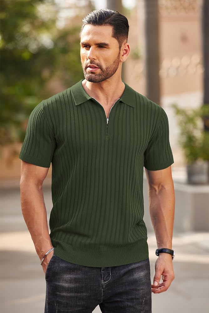 Amazon.com: COOFANDY Men's Zipper Polo Shirts Short Sleeve Ribbed