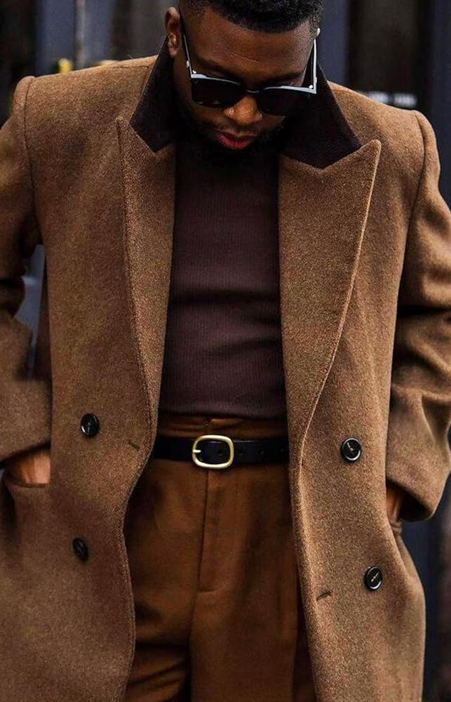 Lunuaoe Man's Double Breasted Full Length Trench Coat Casual Notch