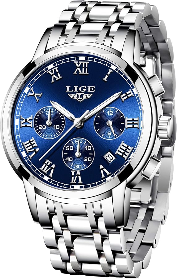 Amazon | LIGE メンズ時計 シルバー ブルー クロノグラフ 腕時計 多針