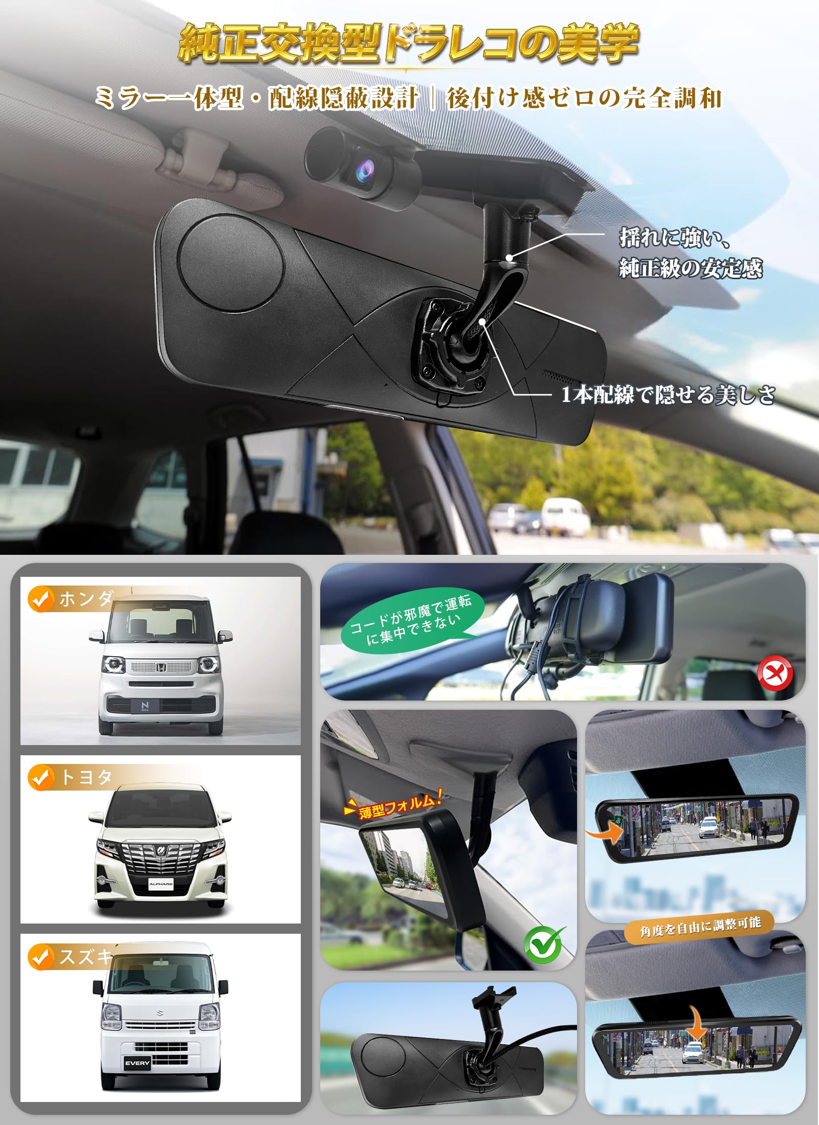 Amazon.co.jp: KASUVAR 純正交換ミラー型ドライブレコーダー 前後