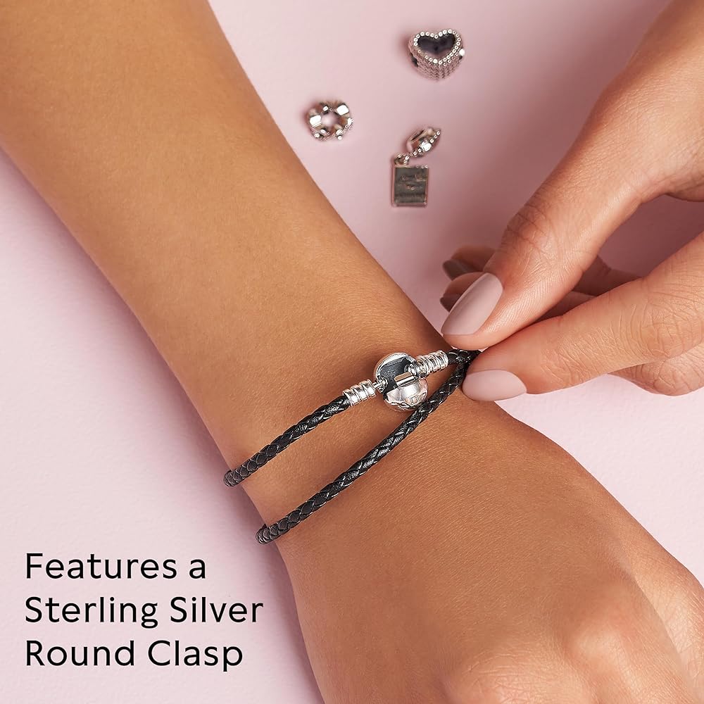 Amazon | Pandora Moments ダブルウーブンレザーブレスレット シルバー