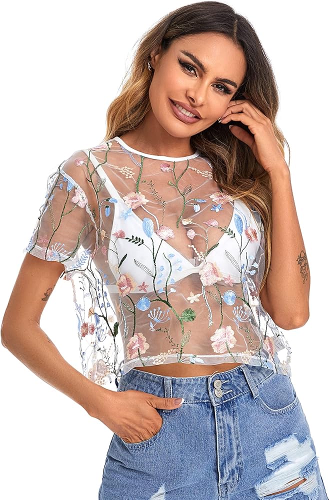 SweatyRocks Women Floral Sheer Mesh Crop Tops Sexy See Through