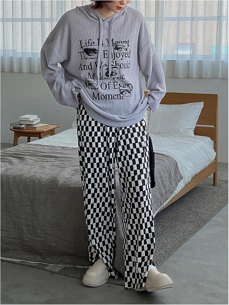 SHENHE Women's Checkered Pants Split Hem Straight Leg Elastic