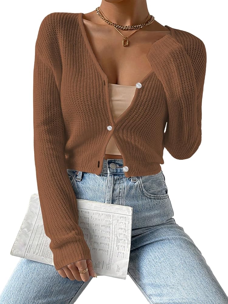 Verdusa Women's Drop Shoulder Long Sleeve Button Up Knit Cardigan