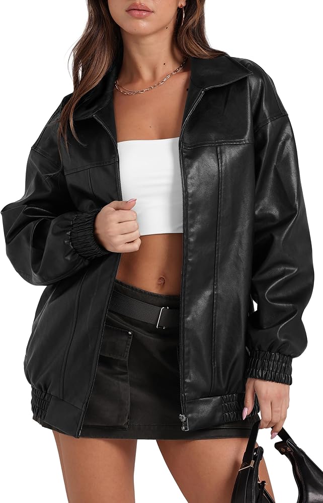 Sampeel Leather Jacket Women Faux Oversized Motorcycle Bomber