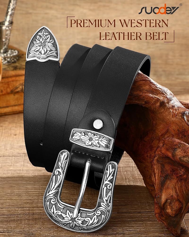 SUOSDEY Western Belts for Women Black Fashion Skinny Leather Belt
