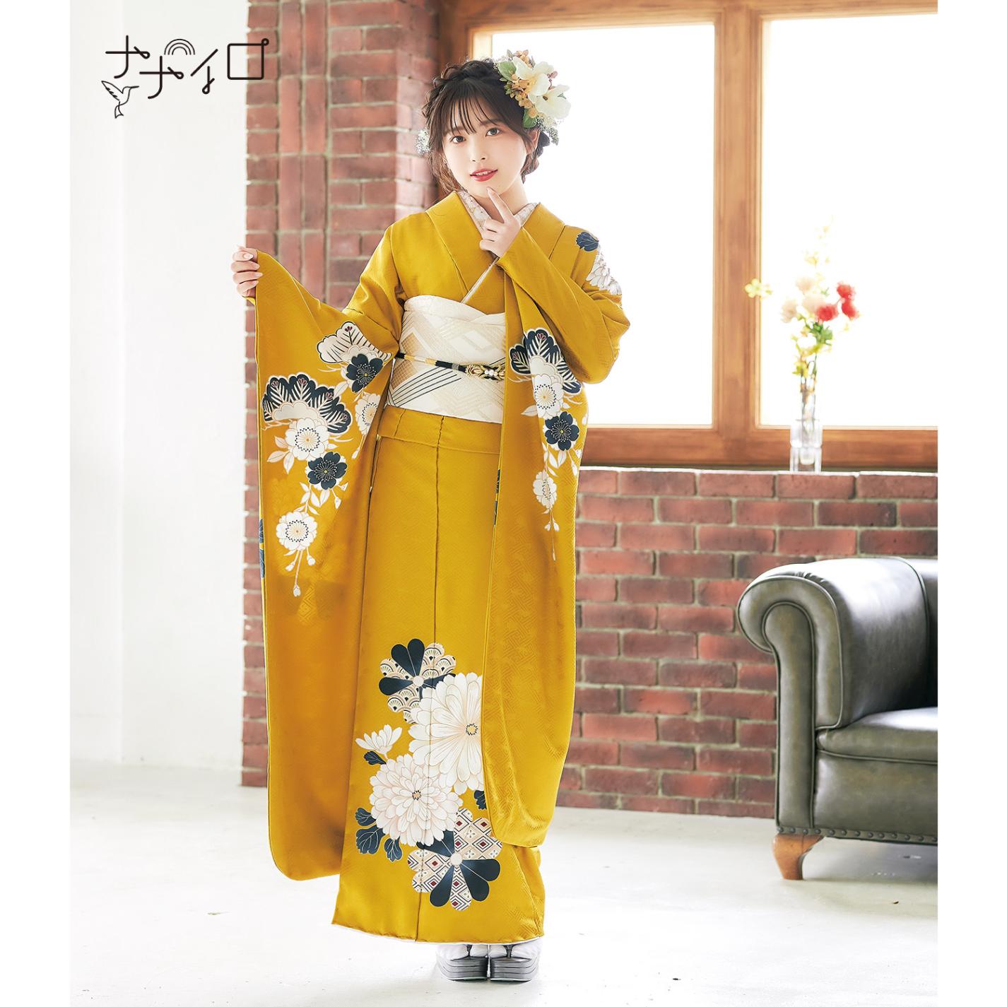 ナナイロ ナナイロ からし色 菊（【振袖・袋帯・長襦袢のセット商品