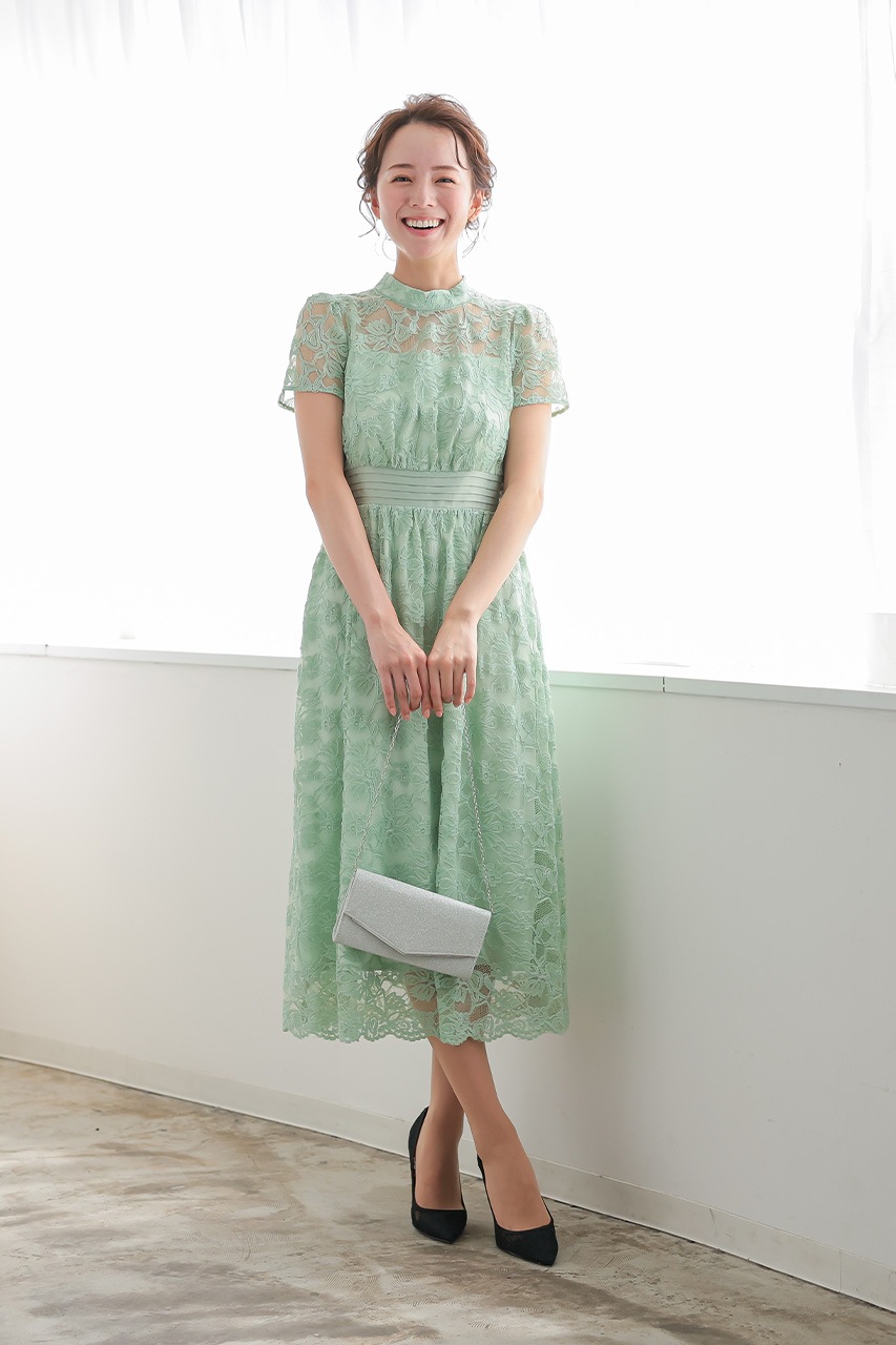 スタンドカラーレースドレス ミント/S｜結婚式のパーティードレスなら