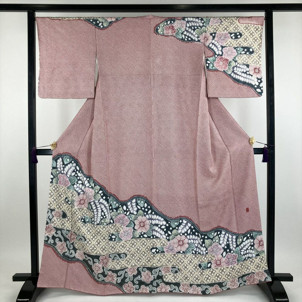 中古）きぬたや 訪問着 ピンク 紅梅色 フォーマル 総絞り 花 霞に花菱