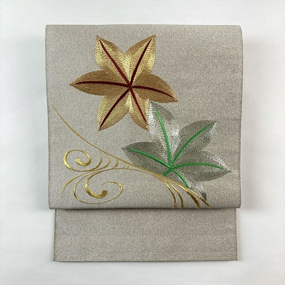 中古）名古屋帯 銀 カジュアル 松葉仕立て 織り 刺繍 紅葉 流水 絹