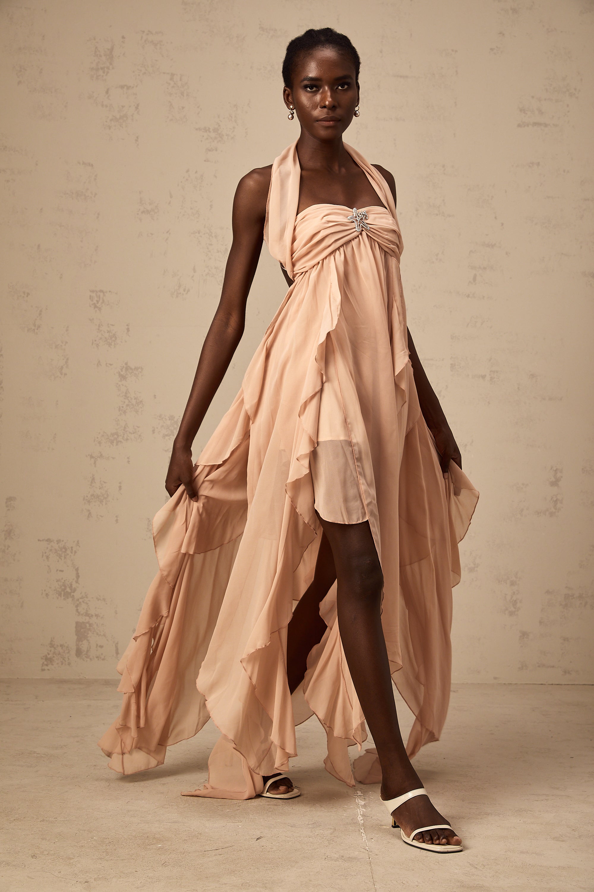 Mariah Pink Chiffon Ruffle Halterneck Maxi Dress