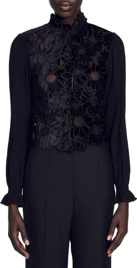 SANDRO May Floral Guipure Lace Mock Neck Velvet Top | Nordstrom
