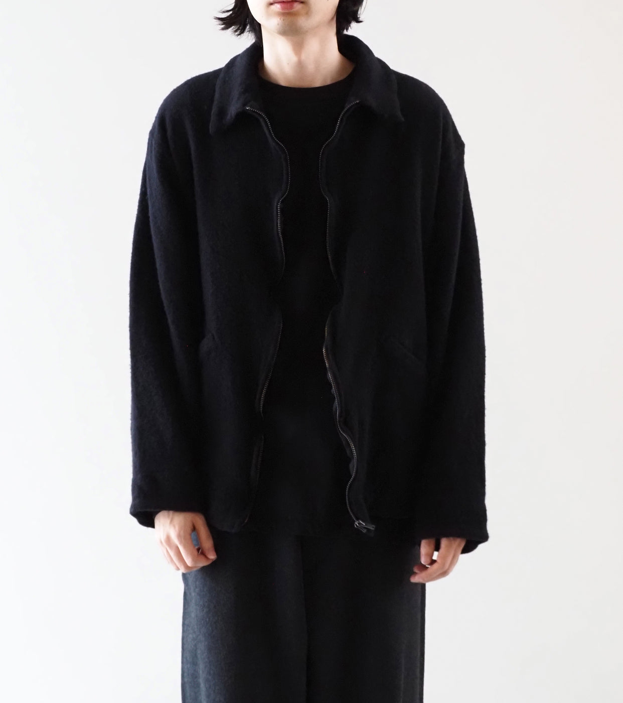 COMOLI 縮絨ウール ジップ ショート ジャケット , Black – Navyblue