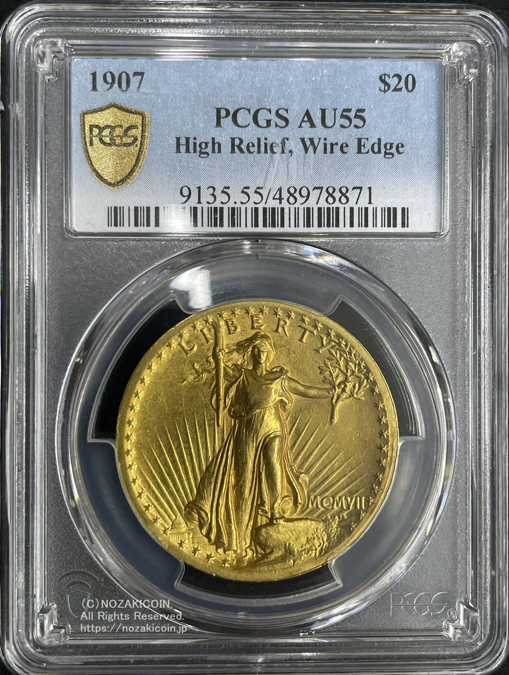 アメリカ 20ドル金貨 1907年 女神立像ハイレリーフ 極美品 PCGS AU55