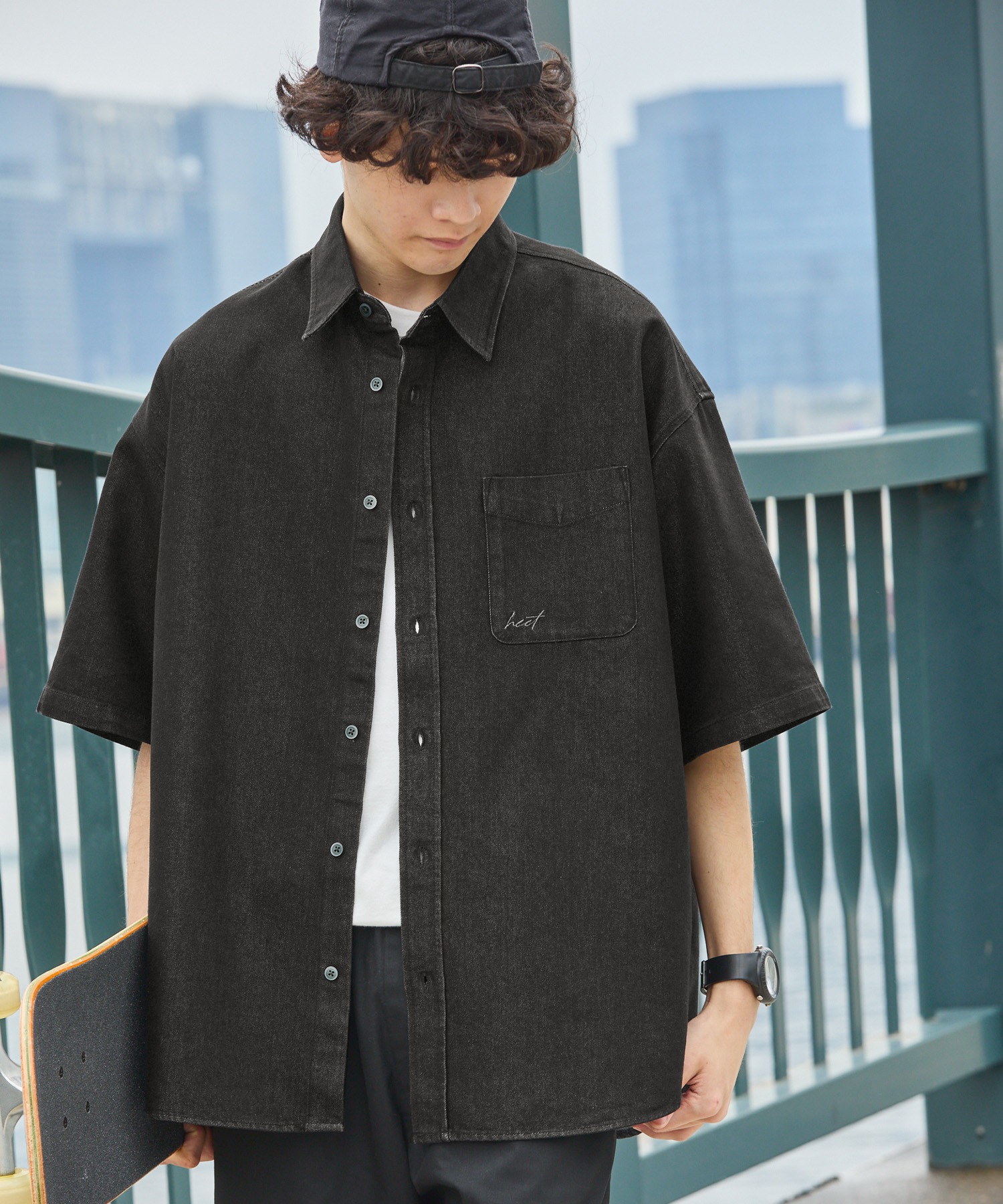 HECT】Big Regular collar Logo S/S Denim Shirt / ビッグシルエット