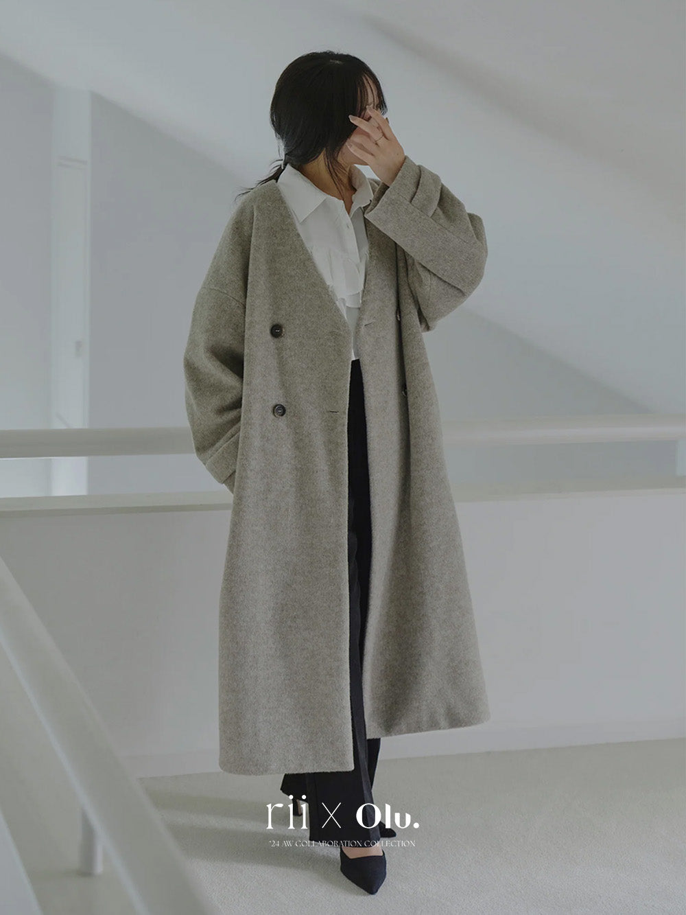 rii × Olu.】ノーカラーシャギーロングコート