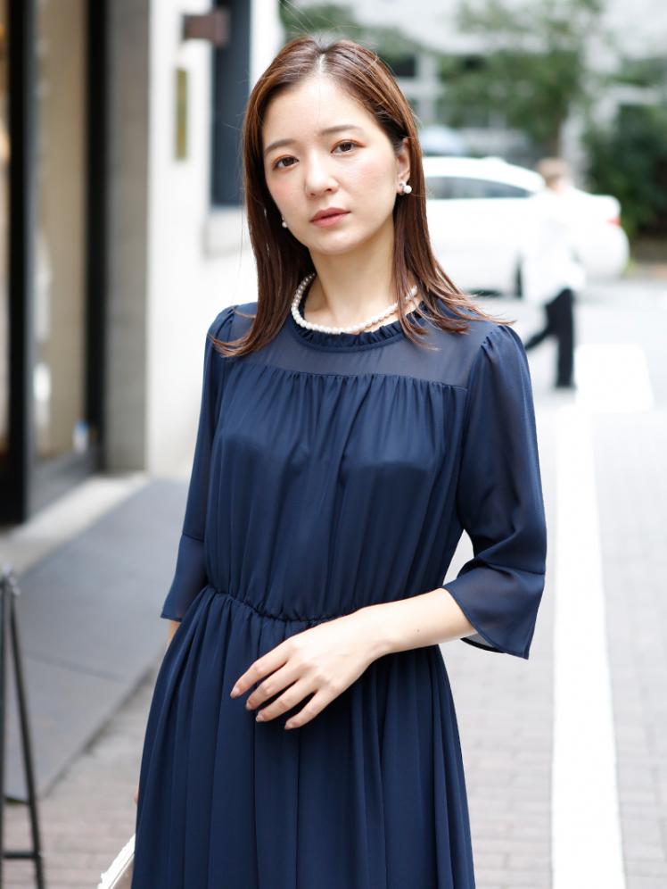 スタンドフリルカラードレス(ネイビー)CR1-413NA-M | OTONA DRESS