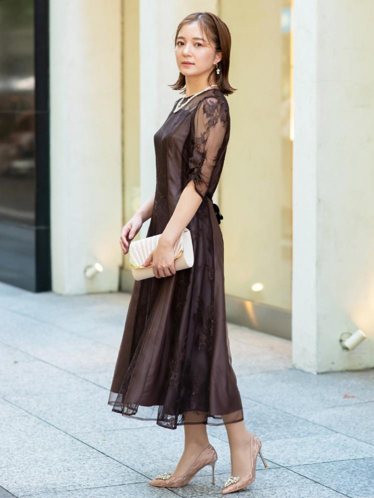 レース×チュール切替ベロアリボン付ドレス(ブラウン)CR1-417BR-S