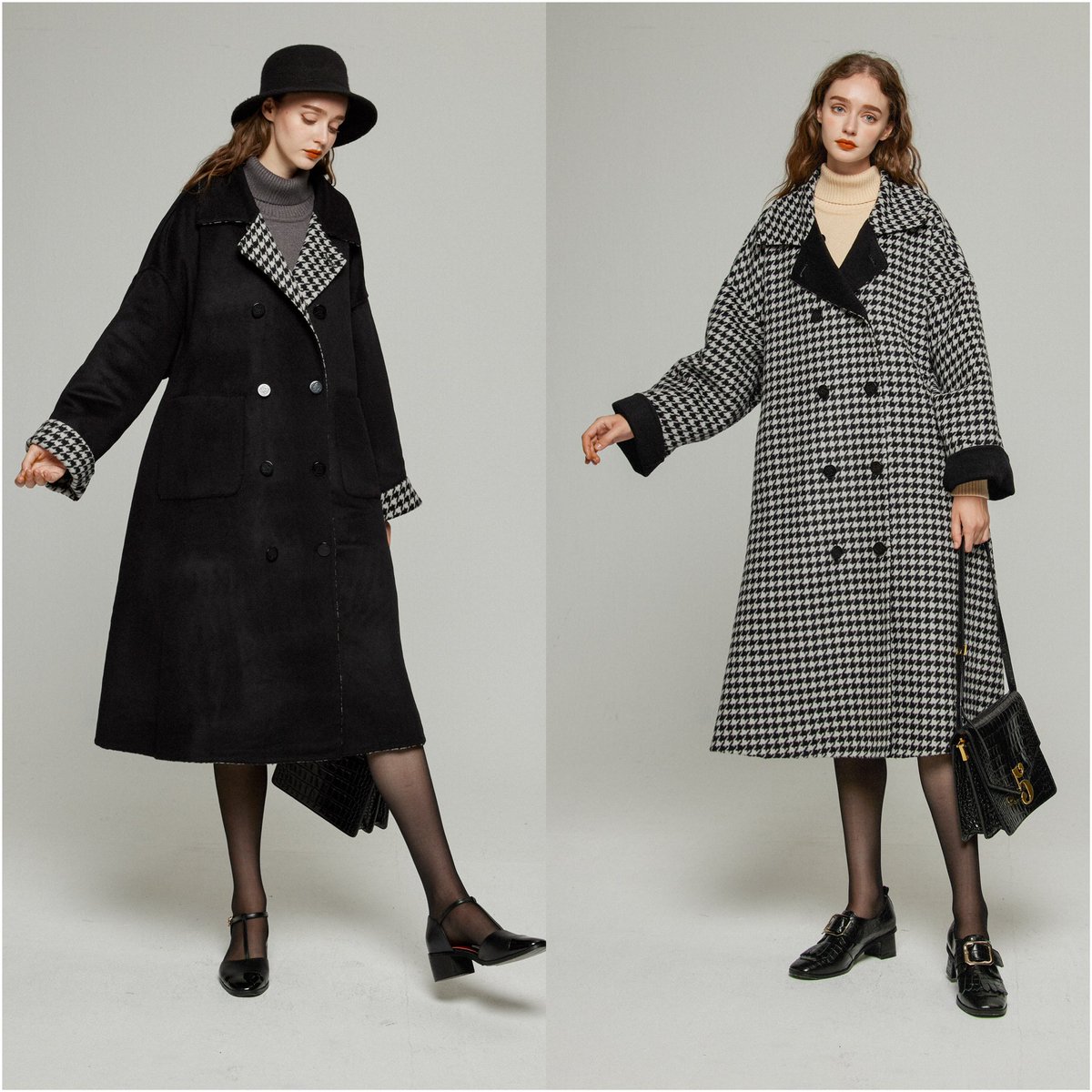 口角にほくろがある彼女》 ・千鳥柄とブラックのリバーシブルコート