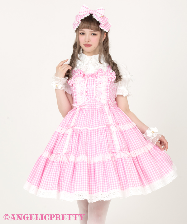 RESTOCK--- ☆肩リボンジャンパースカート（ギンガム） ピンク