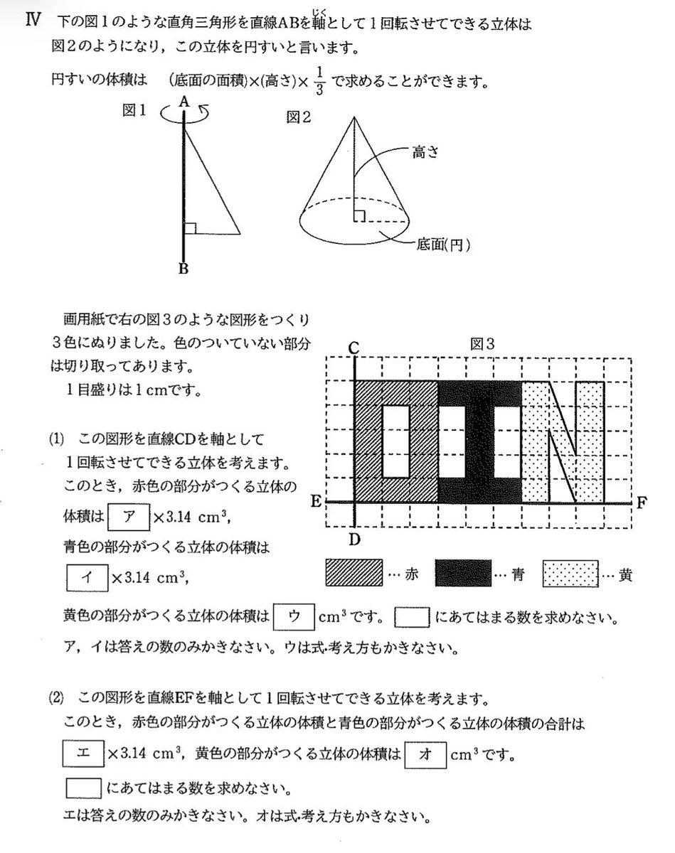 今年の2026桜蔭でも回転体が出ましたが、ドリルブック問題7でも3色刷り