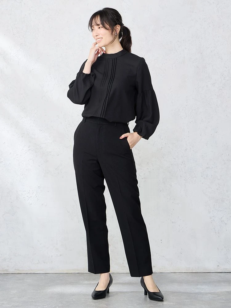 ブラック ボリュームスリーブ プリーツ ジョーゼットブラウス オフ