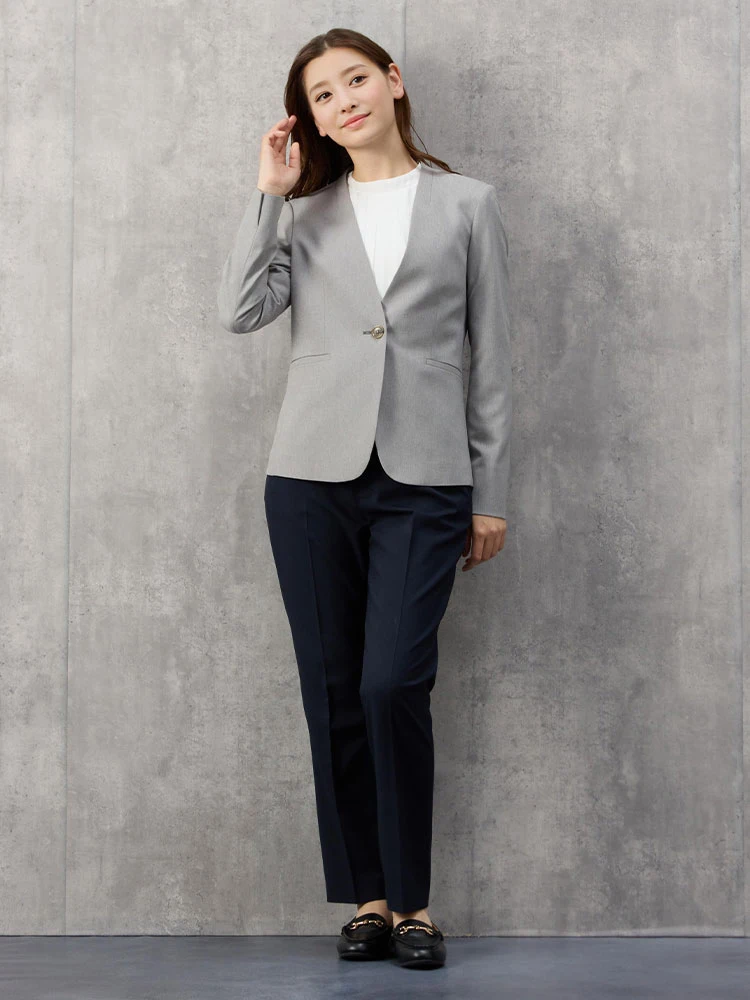 ブラウン 杢調スーツ ノーカラージャケット 無地 ブラウン/グレー