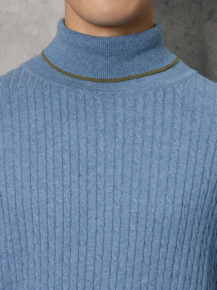 ブルー TRANS CONTINETNS バイカラーカシミヤ混タートルネックニット
