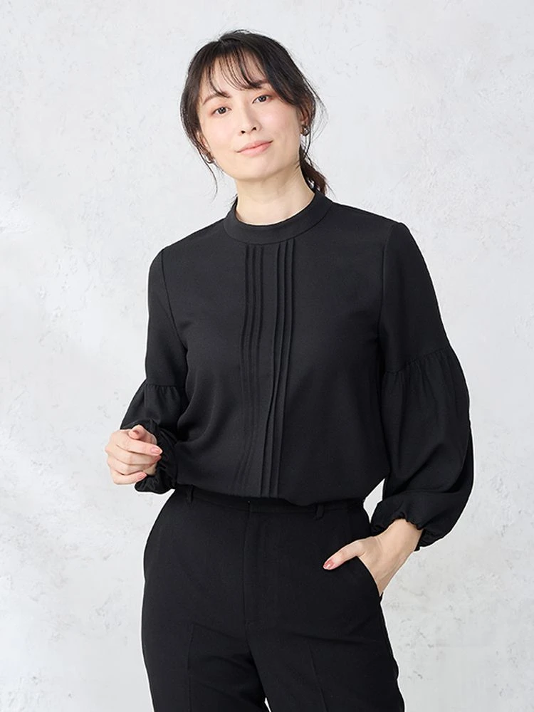 ブラック ボリュームスリーブ プリーツ ジョーゼットブラウス オフ